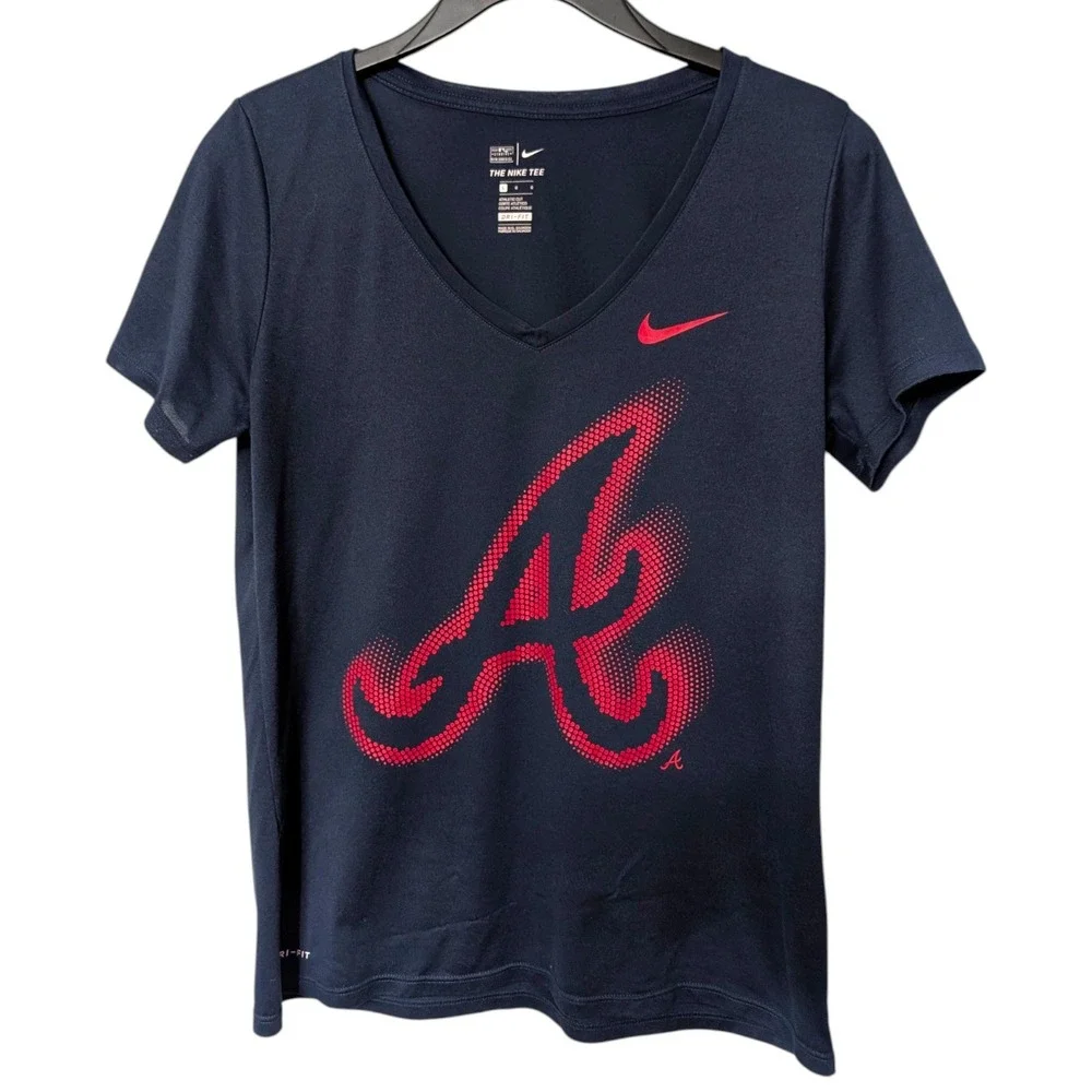 Nike Atlanta Braves Dri-Fit‎ V-Neck T-Shirt Navy Blue MLB Graphic Tee Size Large